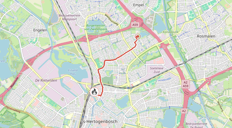 Kaart van de omgeving van de melding, met de kazerne die is gealarmeerd