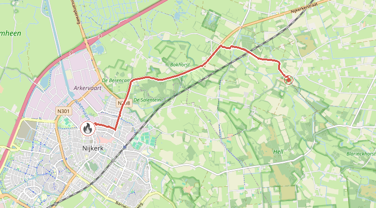 Kaart van de omgeving van de melding, met de kazerne die is gealarmeerd