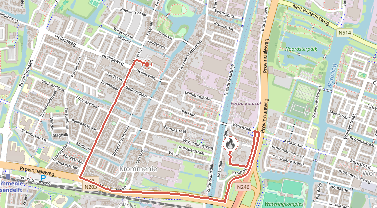 Kaart van de omgeving van de melding, met de kazerne die is gealarmeerd
