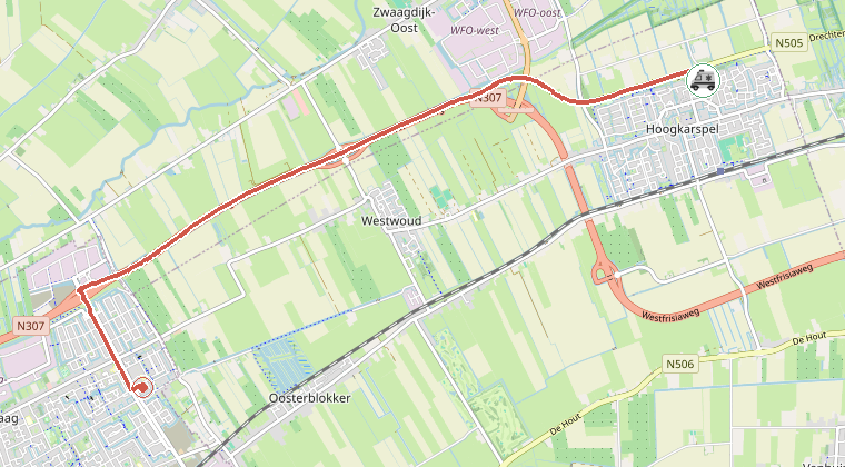 Kaart van de omgeving van de melding, met de kazerne die is gealarmeerd