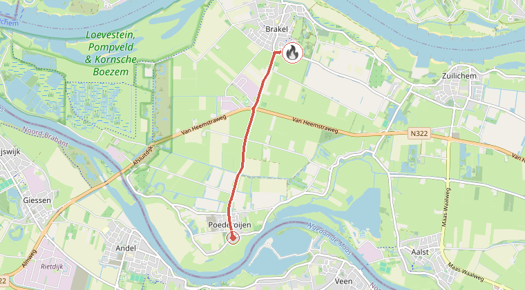 Kaart van de omgeving van de melding, met de kazerne die is gealarmeerd