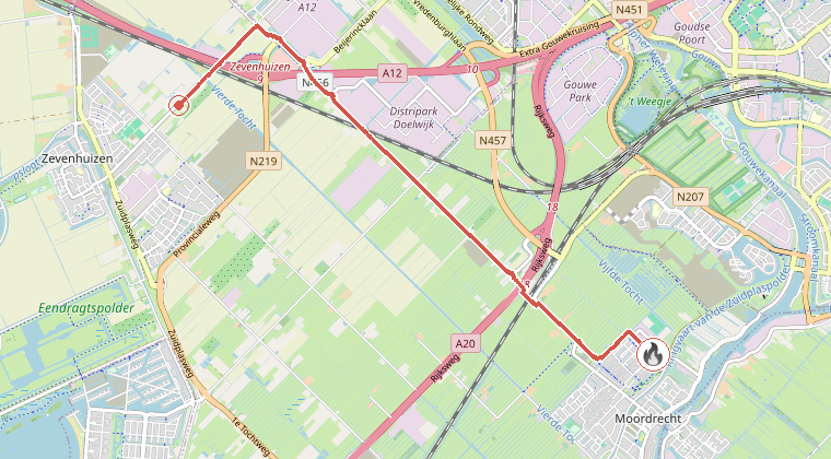 Kaart van de omgeving van de melding, met de kazerne die is gealarmeerd