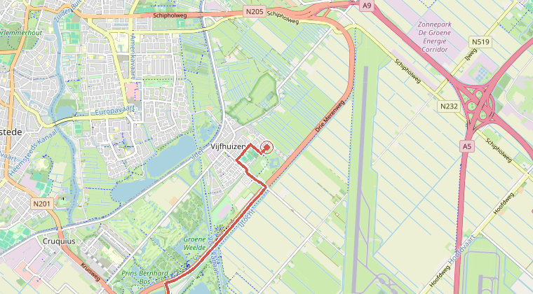 Kaart van de omgeving van de melding, met de kazerne die is gealarmeerd