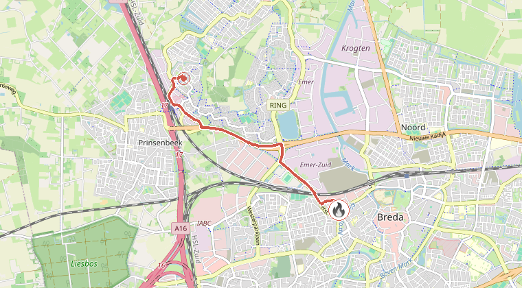 Kaart van de omgeving van de melding, met de kazerne die is gealarmeerd