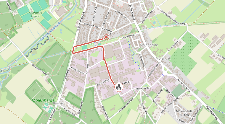 Kaart van de omgeving van de melding, met de kazerne die is gealarmeerd