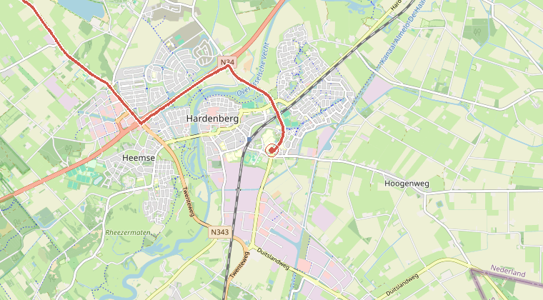 Kaart van de omgeving van de melding, met de kazerne die is gealarmeerd