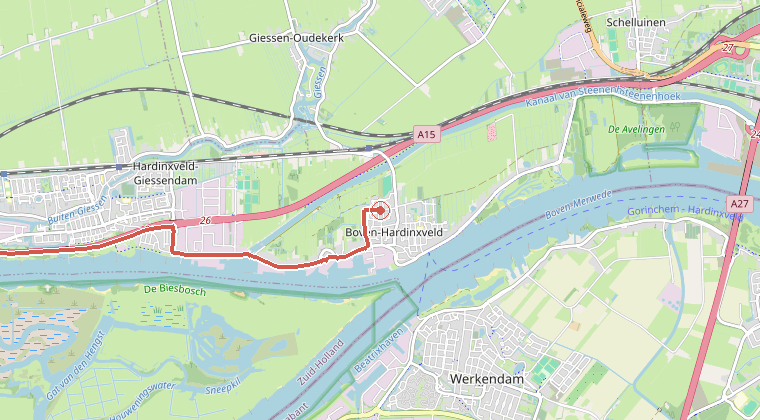 Kaart van de omgeving van de melding, met de kazerne die is gealarmeerd