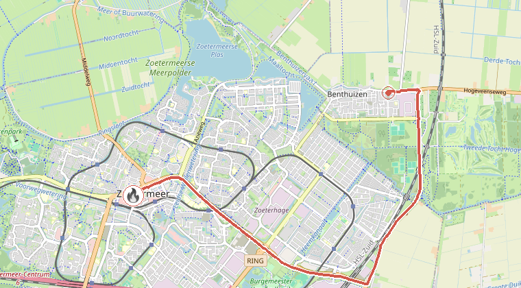 Kaart van de omgeving van de melding, met de kazerne die is gealarmeerd