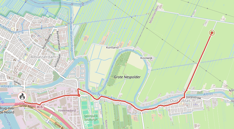 Kaart van de omgeving van de melding, met de kazerne die is gealarmeerd