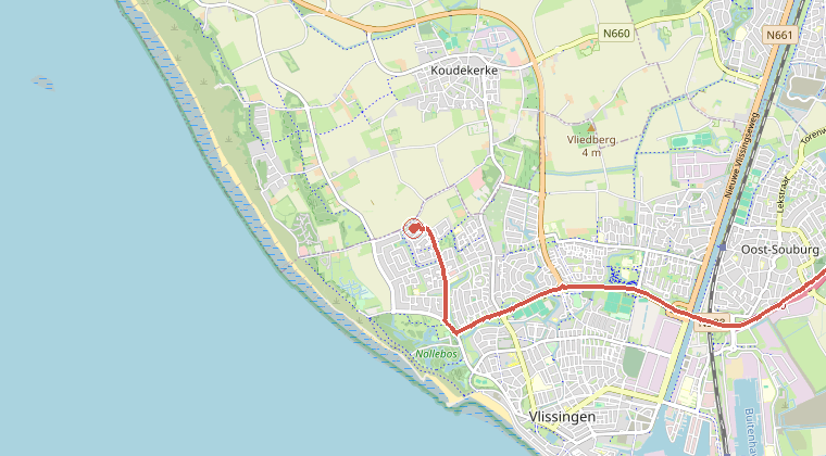 Kaart van de omgeving van de melding, met de kazerne die is gealarmeerd