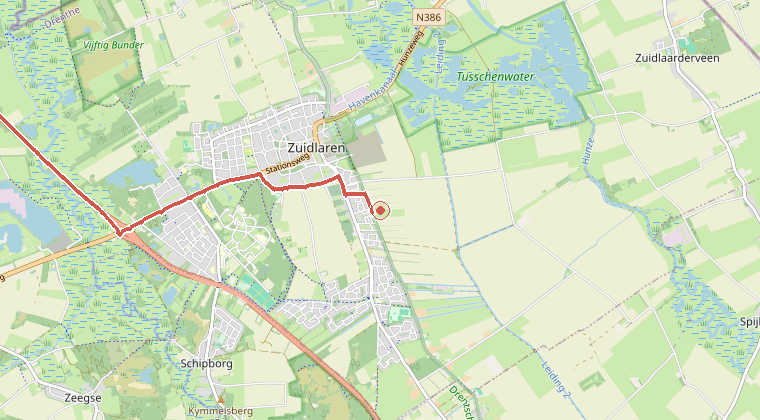 Kaart van de omgeving van de melding, met de kazerne die is gealarmeerd