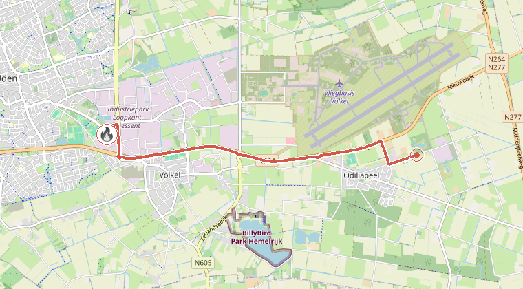 Kaart van de omgeving van de melding, met de kazerne die is gealarmeerd