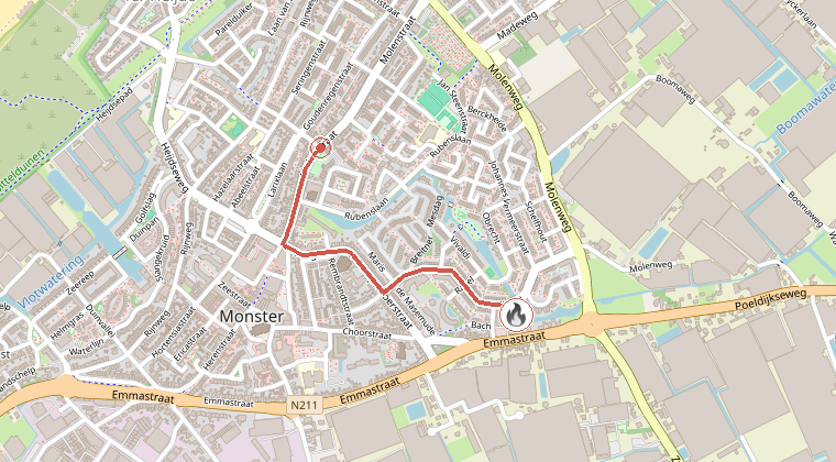 Kaart van de omgeving van de melding, met de kazerne die is gealarmeerd