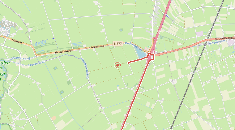 Kaart van de omgeving van de melding, met de kazerne die is gealarmeerd