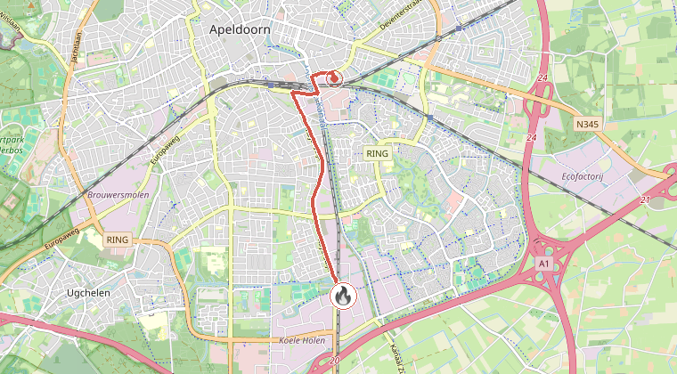 Kaart van de omgeving van de melding, met de kazerne die is gealarmeerd