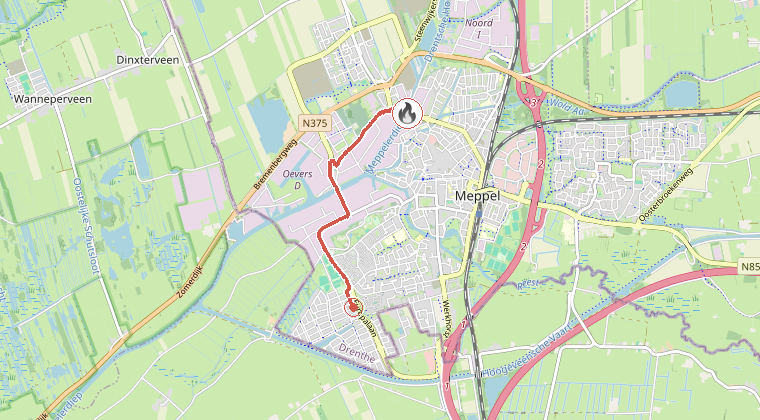 Kaart van de omgeving van de melding, met de kazerne die is gealarmeerd