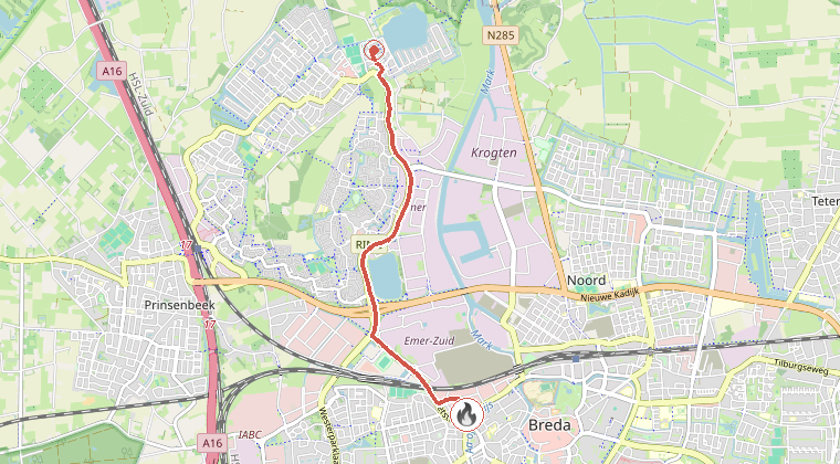 Kaart van de omgeving van de melding, met de kazerne die is gealarmeerd