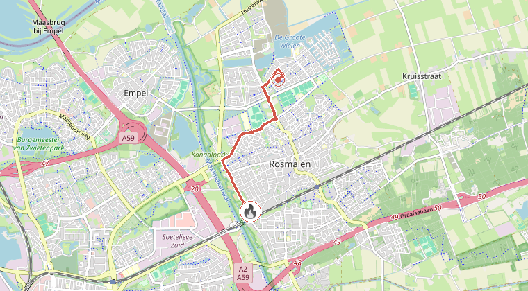 Kaart van de omgeving van de melding, met de kazerne die is gealarmeerd