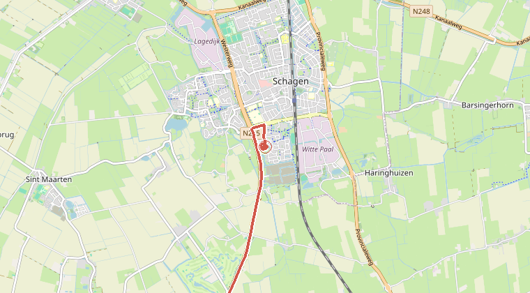 Kaart van de omgeving van de melding, met de kazerne die is gealarmeerd