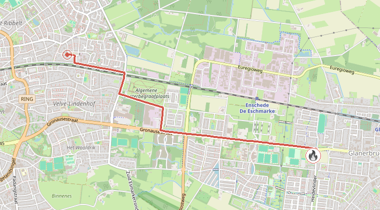 Kaart van de omgeving van de melding, met de kazerne die is gealarmeerd