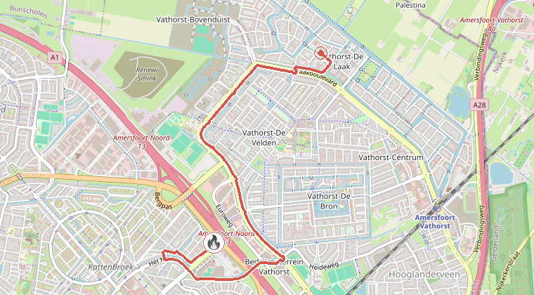 Kaart van de omgeving van de melding, met de kazerne die is gealarmeerd