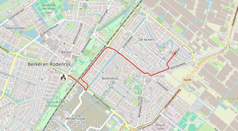 Kaart van de omgeving van de melding, met de kazerne die is gealarmeerd