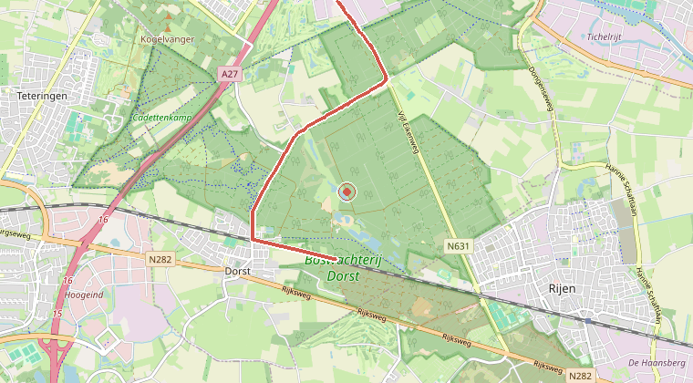 Kaart van de omgeving van de melding, met de kazerne die is gealarmeerd