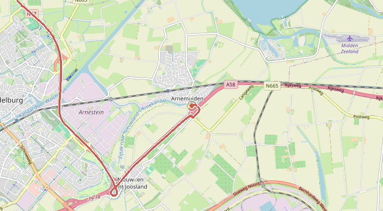Kaart van de omgeving van de melding, met de kazerne die is gealarmeerd