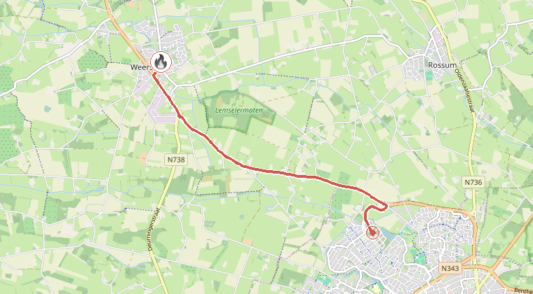 Kaart van de omgeving van de melding, met de kazerne die is gealarmeerd