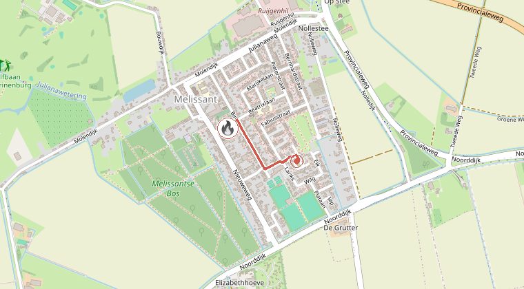 Kaart van de omgeving van de melding, met de kazerne die is gealarmeerd