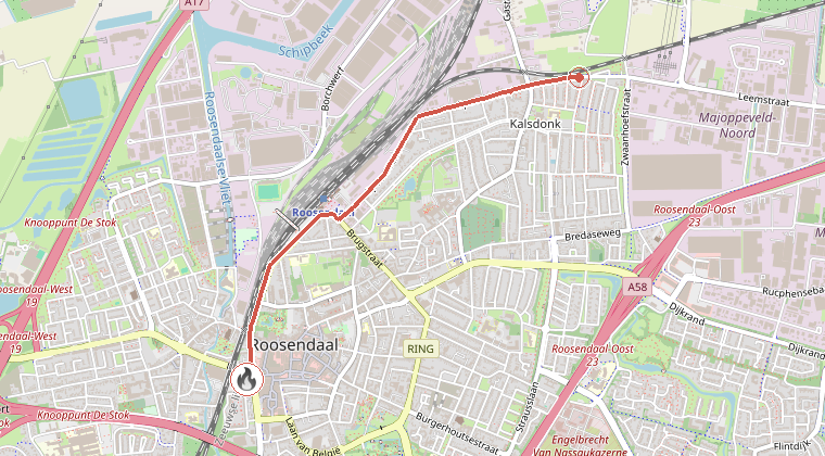 Kaart van de omgeving van de melding, met de kazerne die is gealarmeerd