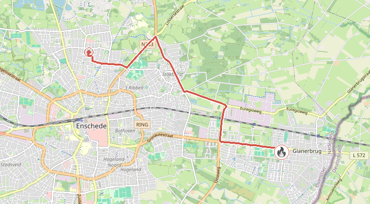 Kaart van de omgeving van de melding, met de kazerne die is gealarmeerd