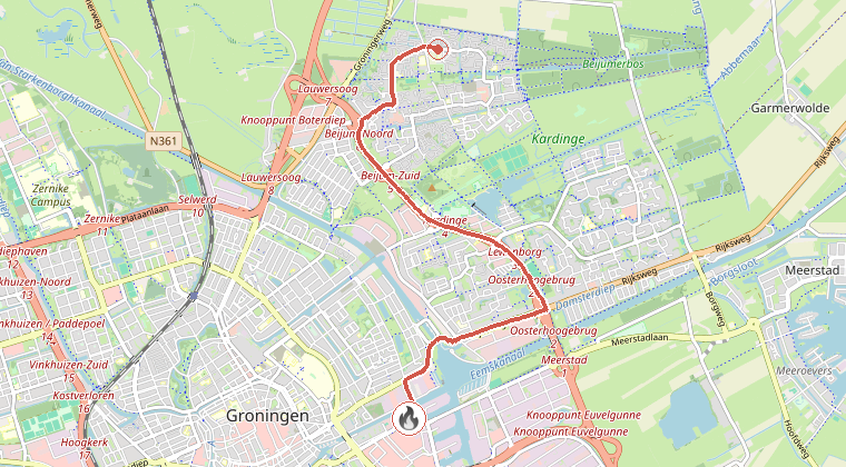 Kaart van de omgeving van de melding, met de kazerne die is gealarmeerd