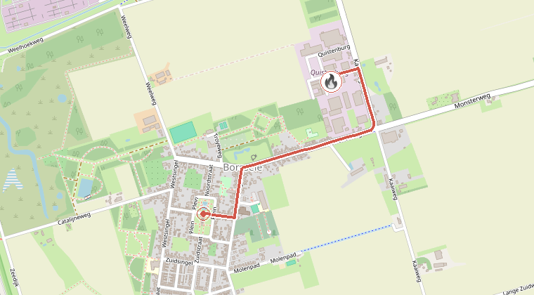 Kaart van de omgeving van de melding, met de kazerne die is gealarmeerd