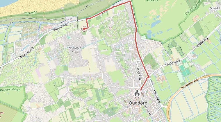 Kaart van de omgeving van de melding, met de kazerne die is gealarmeerd