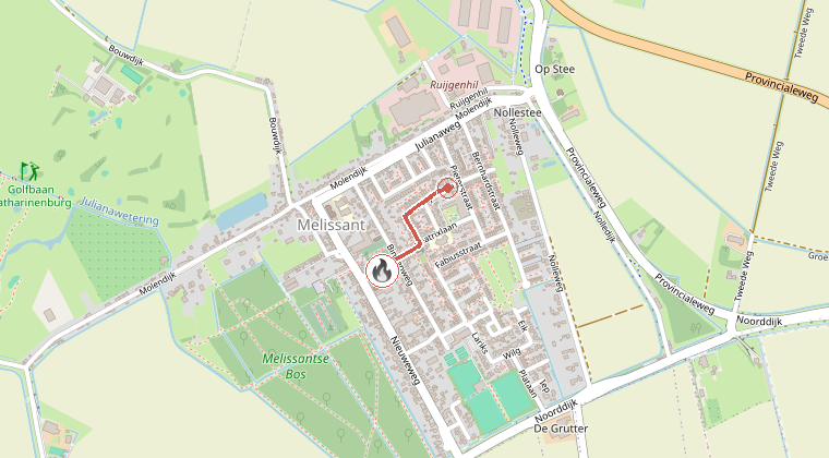 Kaart van de omgeving van de melding, met de kazerne die is gealarmeerd