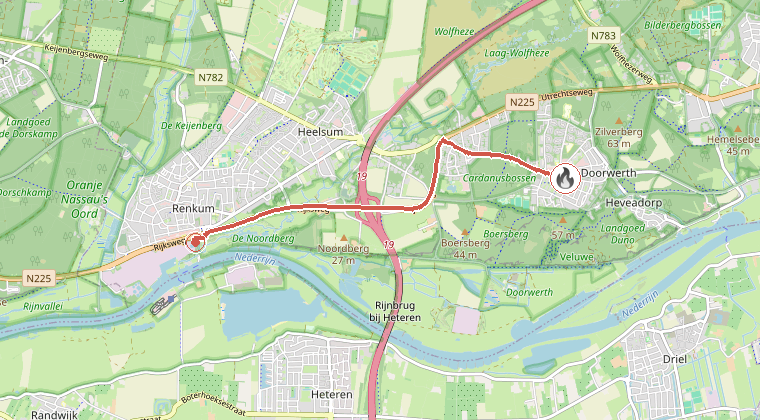 Kaart van de omgeving van de melding, met de kazerne die is gealarmeerd