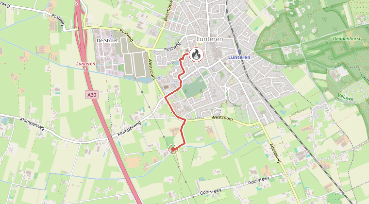 Kaart van de omgeving van de melding, met de kazerne die is gealarmeerd