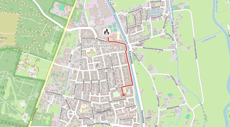 Kaart van de omgeving van de melding, met de kazerne die is gealarmeerd