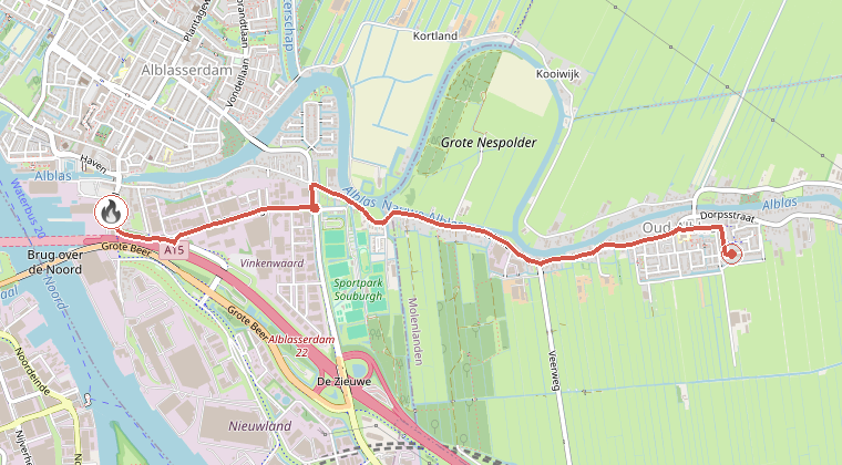Kaart van de omgeving van de melding, met de kazerne die is gealarmeerd