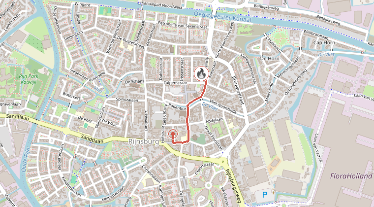 Kaart van de omgeving van de melding, met de kazerne die is gealarmeerd
