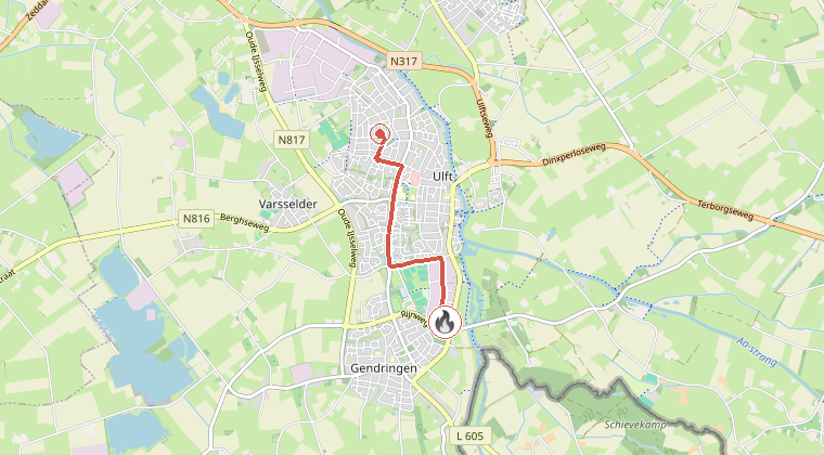 Kaart van de omgeving van de melding, met de kazerne die is gealarmeerd