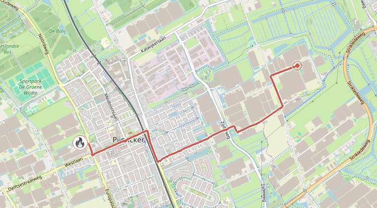 Kaart van de omgeving van de melding, met de kazerne die is gealarmeerd