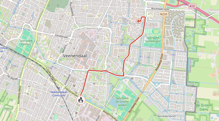Kaart van de omgeving van de melding, met de kazerne die is gealarmeerd