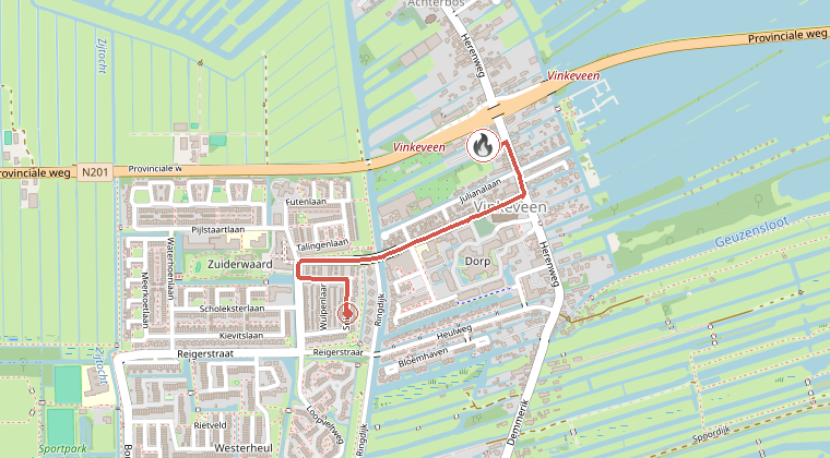 Kaart van de omgeving van de melding, met de kazerne die is gealarmeerd