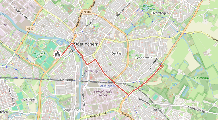 Kaart van de omgeving van de melding, met de kazerne die is gealarmeerd