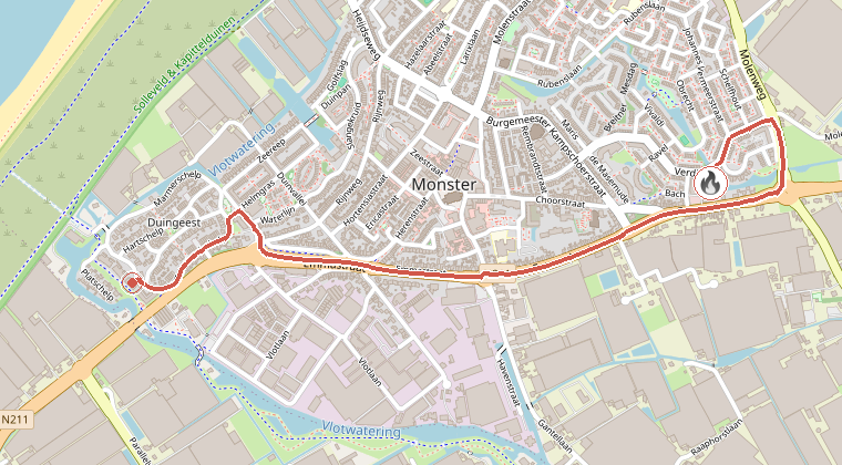 Kaart van de omgeving van de melding, met de kazerne die is gealarmeerd