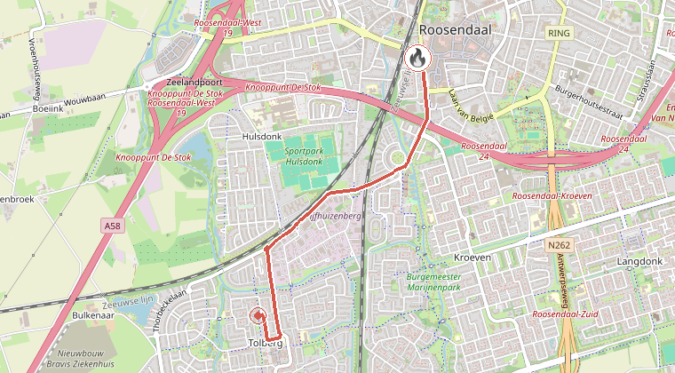 Kaart van de omgeving van de melding, met de kazerne die is gealarmeerd