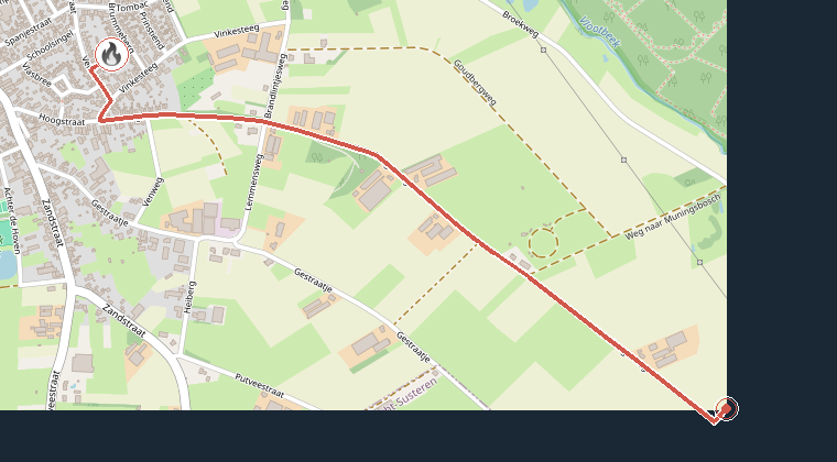 Kaart van de omgeving van de melding, met de kazerne die is gealarmeerd