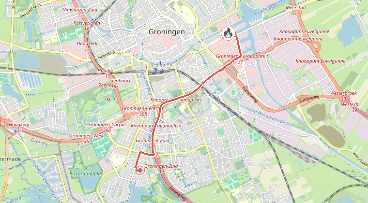 Kaart van de omgeving van de melding, met de kazerne die is gealarmeerd